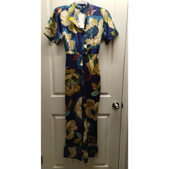 ZARA NWT Size Small Blue & Green Floral Satin Short Sleeve Belted Jumpsuit - Picture 2 of 8